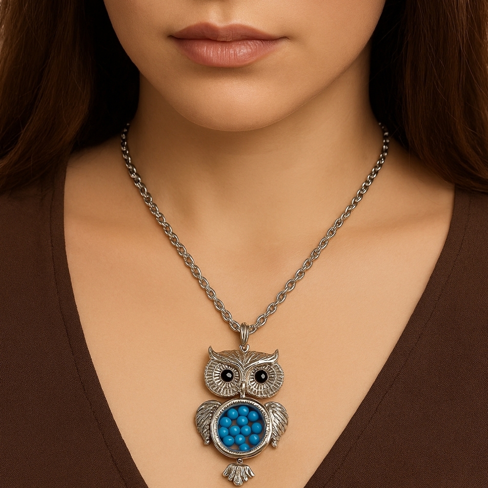 Elegant Silver Tone Owl Turquoise Beads Pendant Necklace Women's Fashion Jewelry